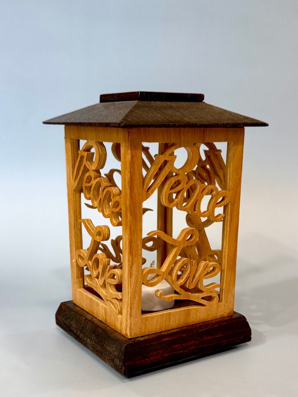 Handcrafted John W. Justice Wooden "Peace & Love” Tea-Light Lantern, 100% Wood.